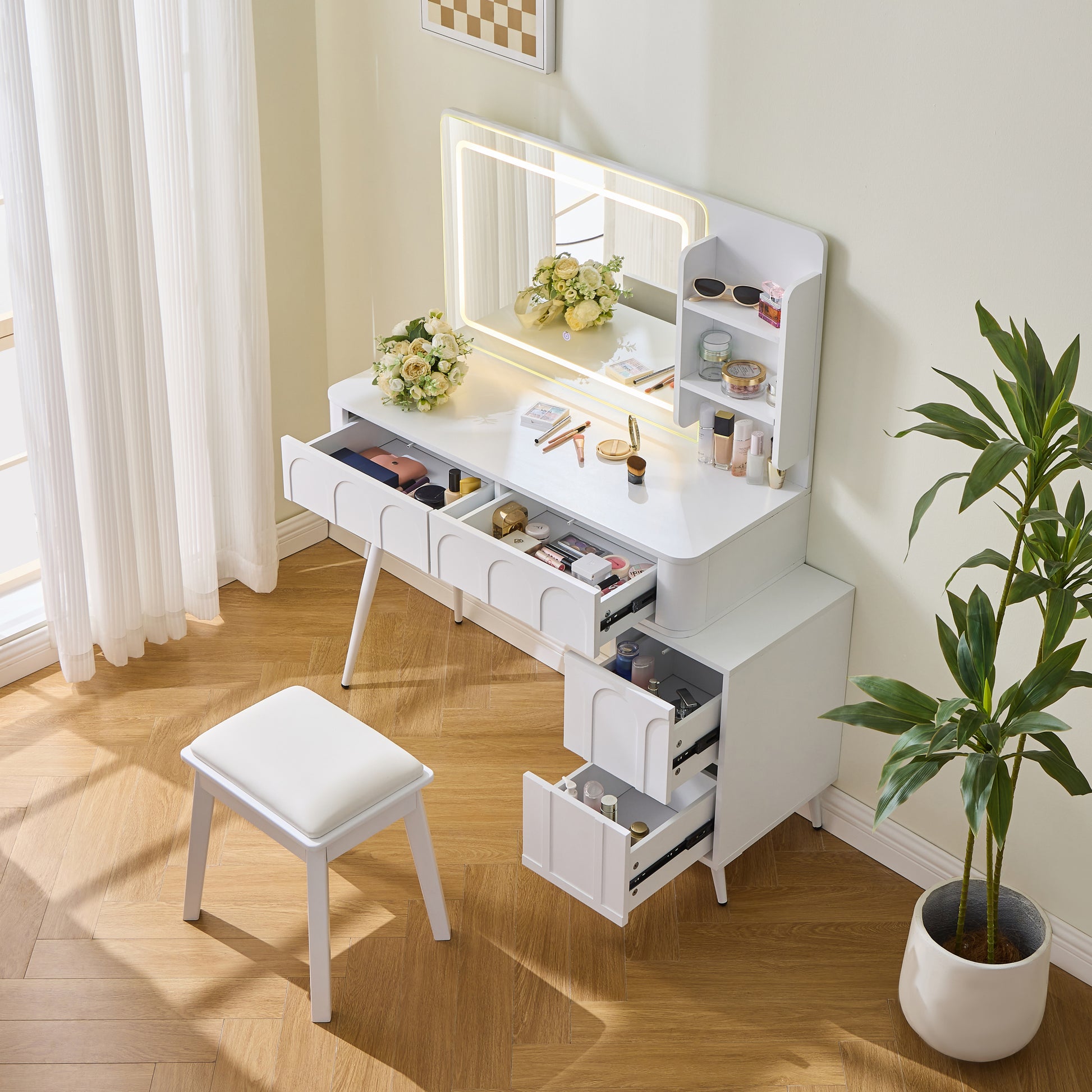 Modern Makeup Vanity Desk with LED Lights & Mirror, 4 Drawer Dressing Table Set with Stool, 3 Colors Dimmable Brightness, Space-Saving for Bedroom, White