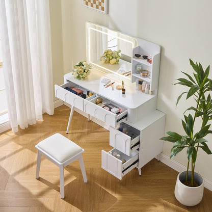 Modern Makeup Vanity Desk with LED Lights & Mirror, 4 Drawer Dressing Table Set with Stool, 3 Colors Dimmable Brightness, Space-Saving for Bedroom, White