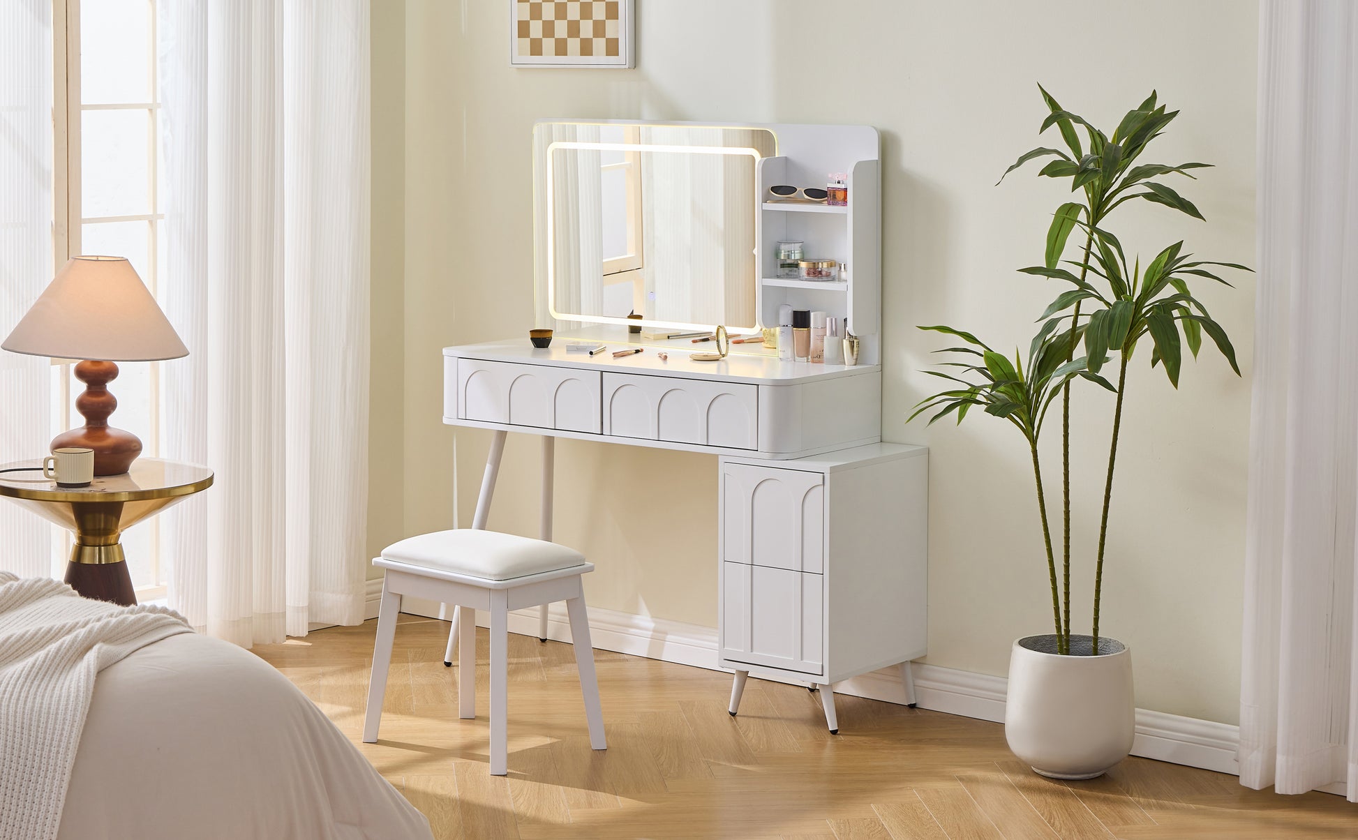 Modern Makeup Vanity Desk with LED Lights & Mirror, 4 Drawer Dressing Table Set with Stool, 3 Colors Dimmable Brightness, Space-Saving for Bedroom, White