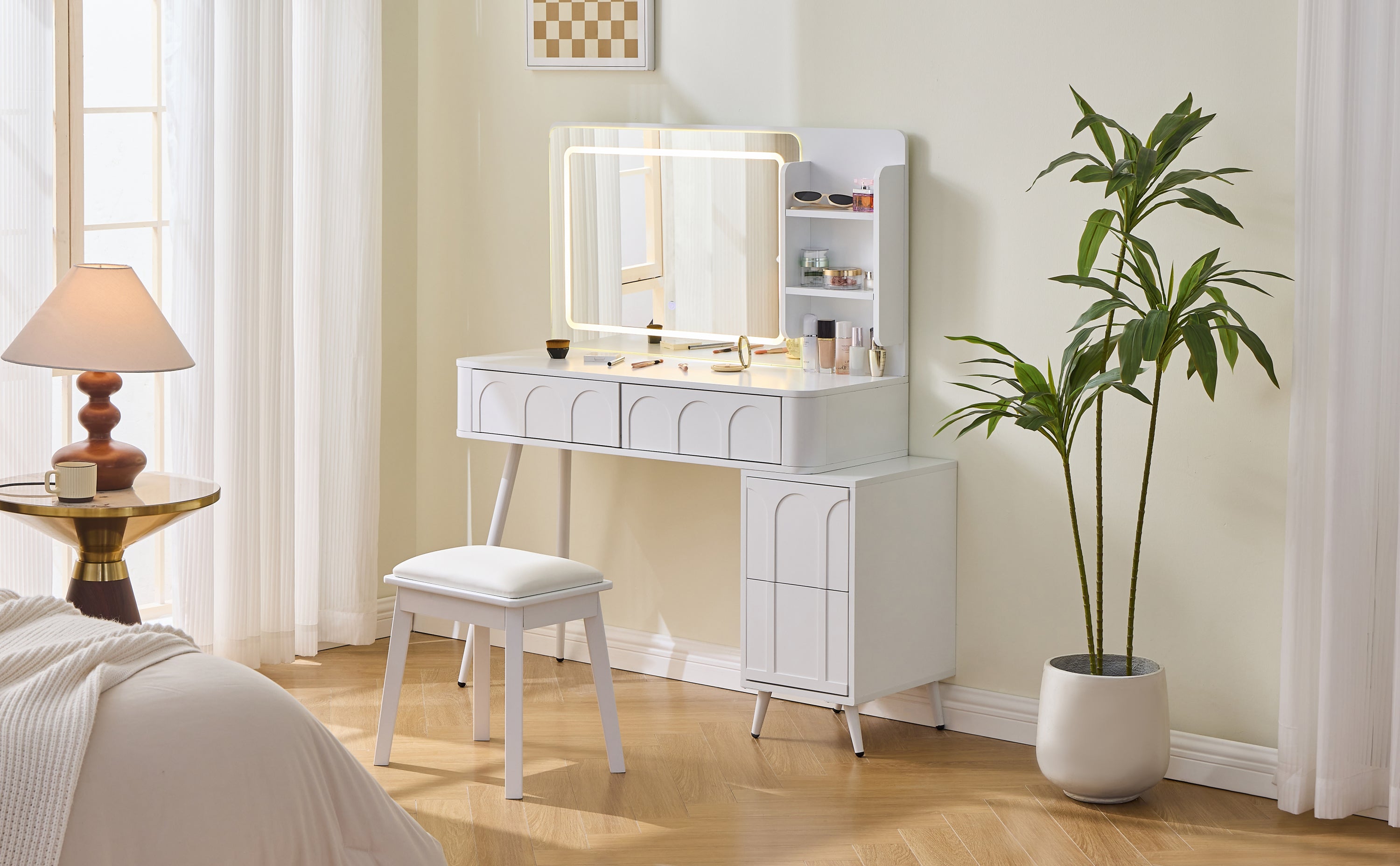 Modern Makeup Vanity Desk with LED Lights & Mirror, 4 Drawer Dressing Table Set with Stool, 3 Colors Dimmable Brightness, Space-Saving for Bedroom, White