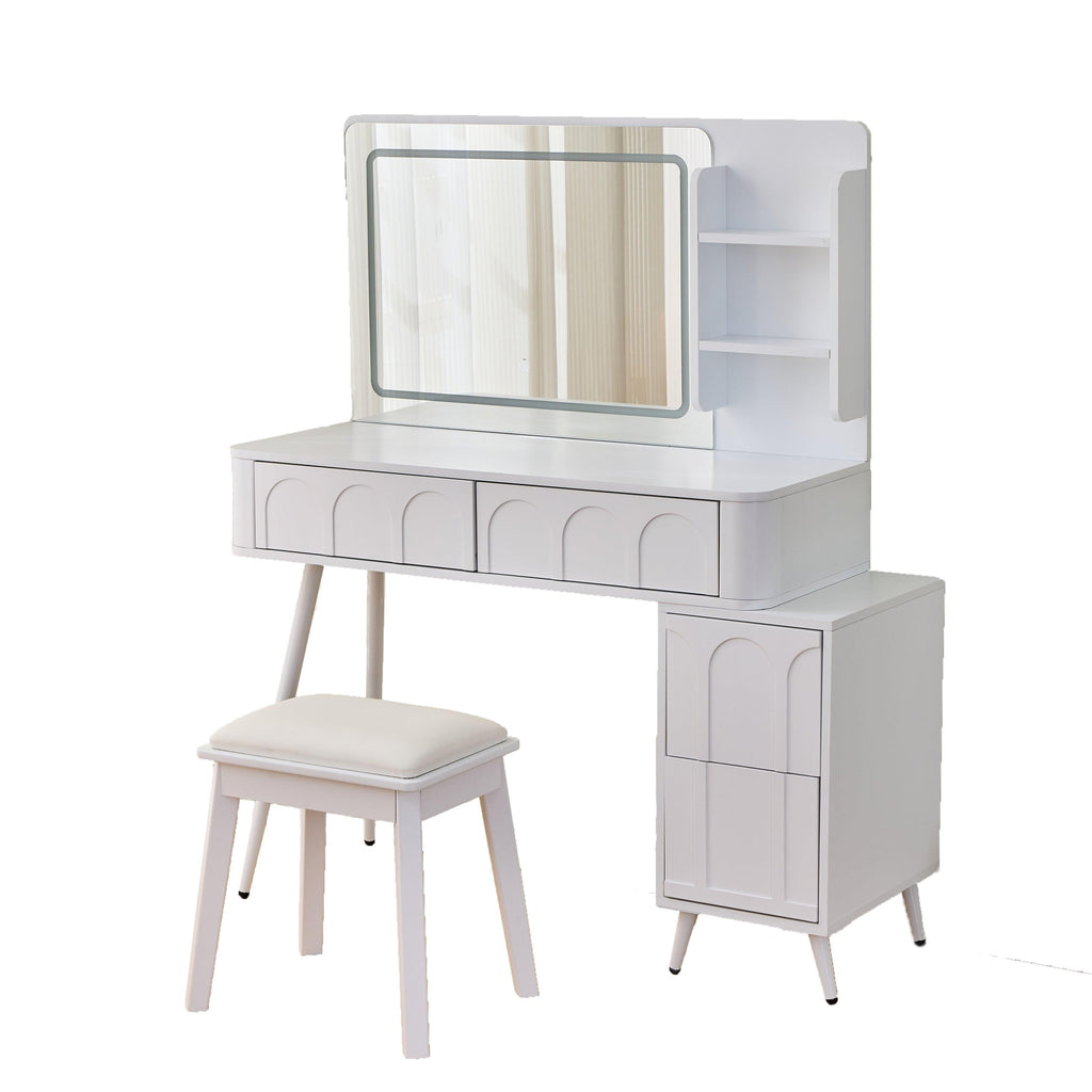 Elegant Modern White Vanity Desk with LED Mirror.