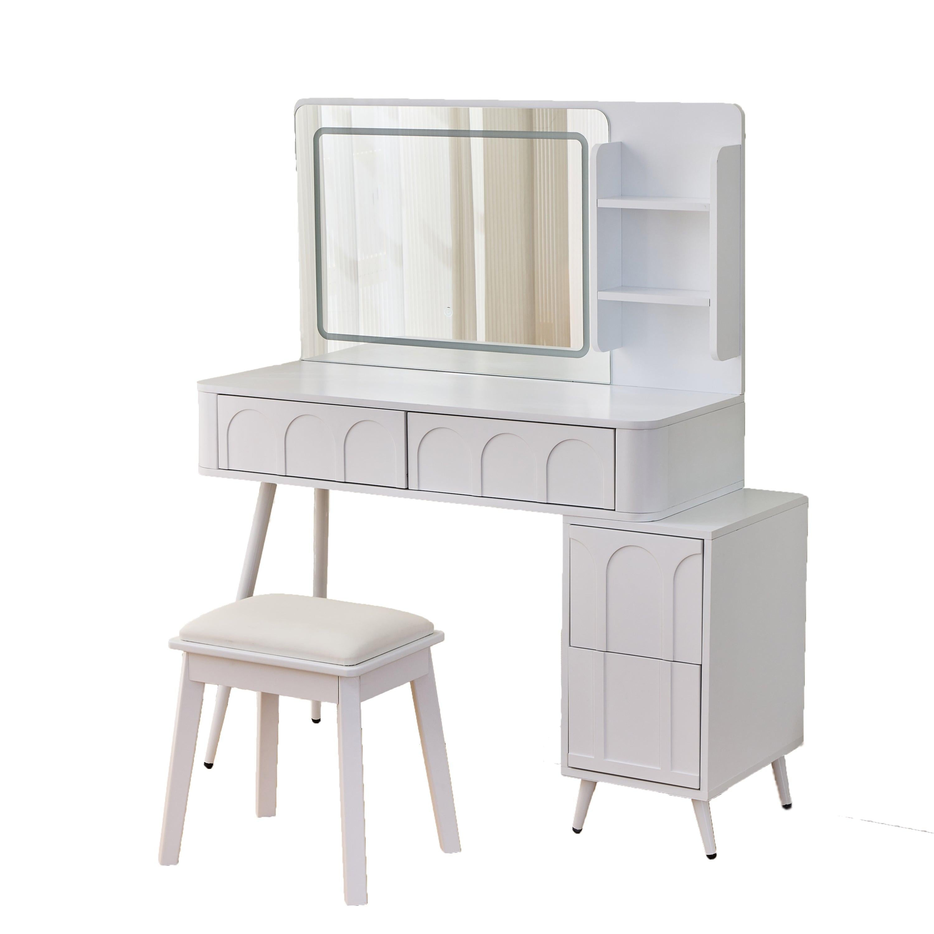 Elegant Modern White Vanity Desk with LED Mirror.