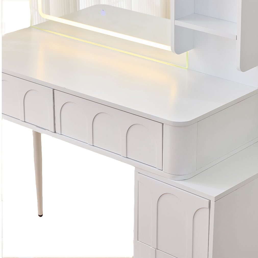 Modern Makeup Vanity Desk with LED Lights & Mirror, 4 Drawer Dressing Table Set with Stool, 3 Colors Dimmable Brightness, Space-Saving for Bedroom, White