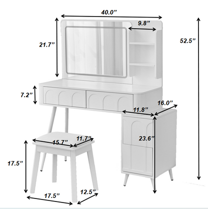 Modern Makeup Vanity Desk with LED Lights & Mirror, 4 Drawer Dressing Table Set with Stool, 3 Colors Dimmable Brightness, Space-Saving for Bedroom, White