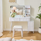 Elegant Modern White Vanity Desk with LED Mirror.