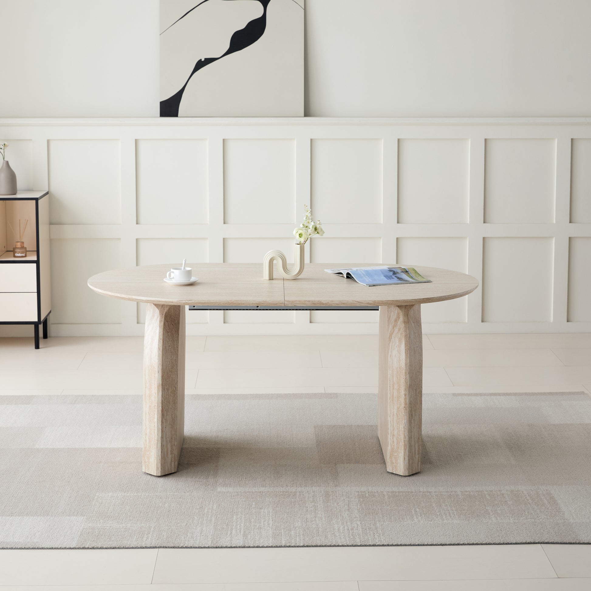 Wood Extendable Dining Table, Modern Oval Kitchen Table with Stylish Dual - Pillar Design, Perfect for Home Dining & Gathering, Multi-functional and Space-saving, Living Room and Dining Room.