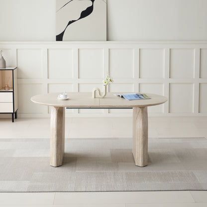 Wood Extendable Dining Table, Modern Oval Kitchen Table with Stylish Dual - Pillar Design, Perfect for Home Dining & Gathering, Multi-functional and Space-saving, Living Room and Dining Room.