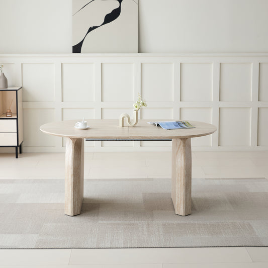Wood Extendable Dining Table, Modern Oval Kitchen Table with Stylish Dual - Pillar Design, Perfect for Home Dining & Gathering, Multi-functional and Space-saving, Living Room and Dining Room.