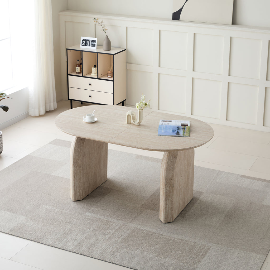 Wood Extendable Dining Table, Modern Oval Kitchen Table with Stylish Dual - Pillar Design, Perfect for Home Dining & Gathering, Multi-functional and Space-saving, Living Room and Dining Room.