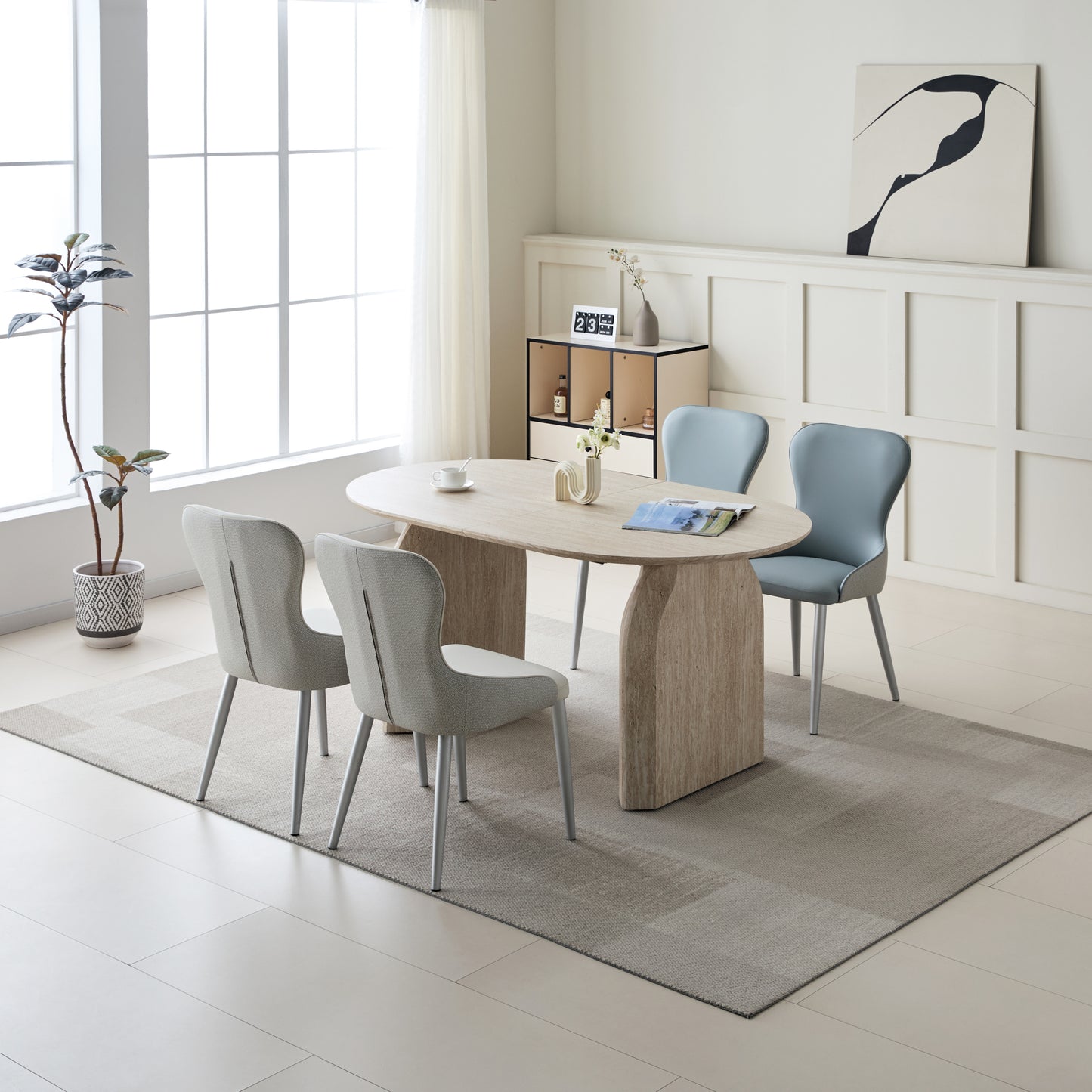 Wood Extendable Dining Table, Modern Oval Kitchen Table with Stylish Dual - Pillar Design, Perfect for Home Dining & Gathering, Multi-functional and Space-saving, Living Room and Dining Room.