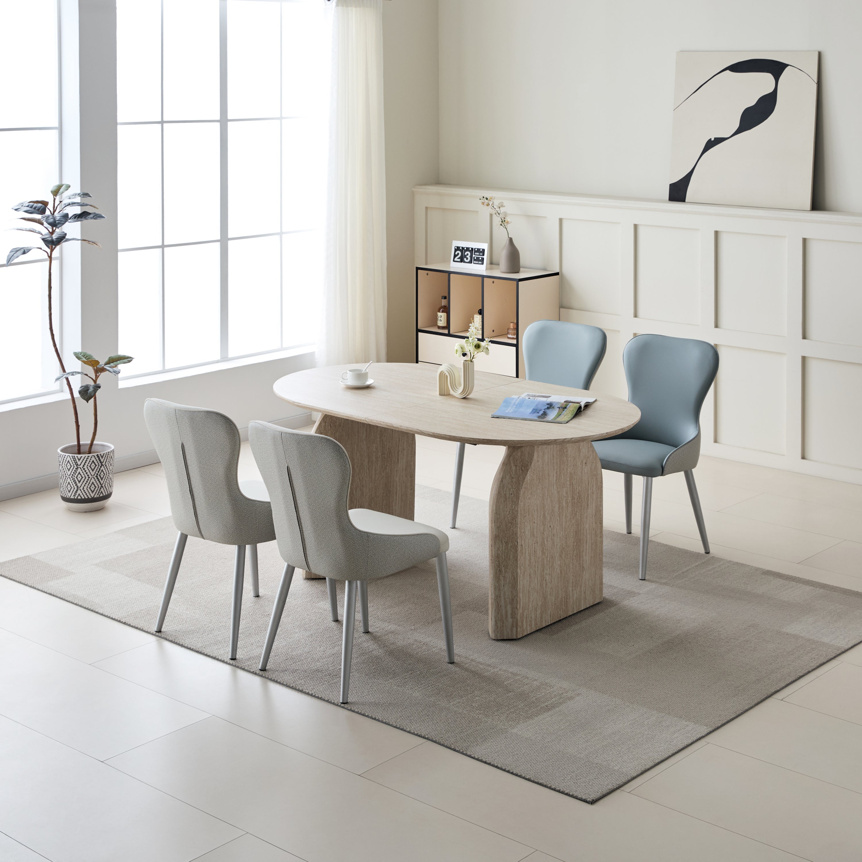 Wood Extendable Dining Table, Modern Oval Kitchen Table with Stylish Dual - Pillar Design, Perfect for Home Dining & Gathering, Multi-functional and Space-saving, Living Room and Dining Room.