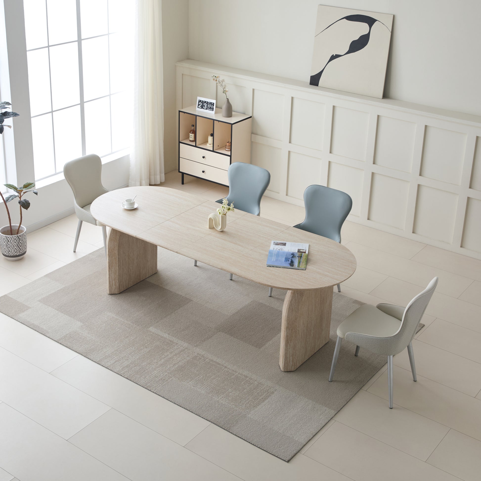 Wood Extendable Dining Table, Modern Oval Kitchen Table with Stylish Dual - Pillar Design, Perfect for Home Dining & Gathering, Multi-functional and Space-saving, Living Room and Dining Room.