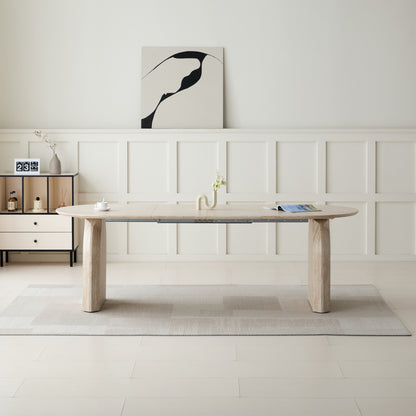 Wood Extendable Dining Table, Modern Oval Kitchen Table with Stylish Dual - Pillar Design, Perfect for Home Dining & Gathering, Multi-functional and Space-saving, Living Room and Dining Room.