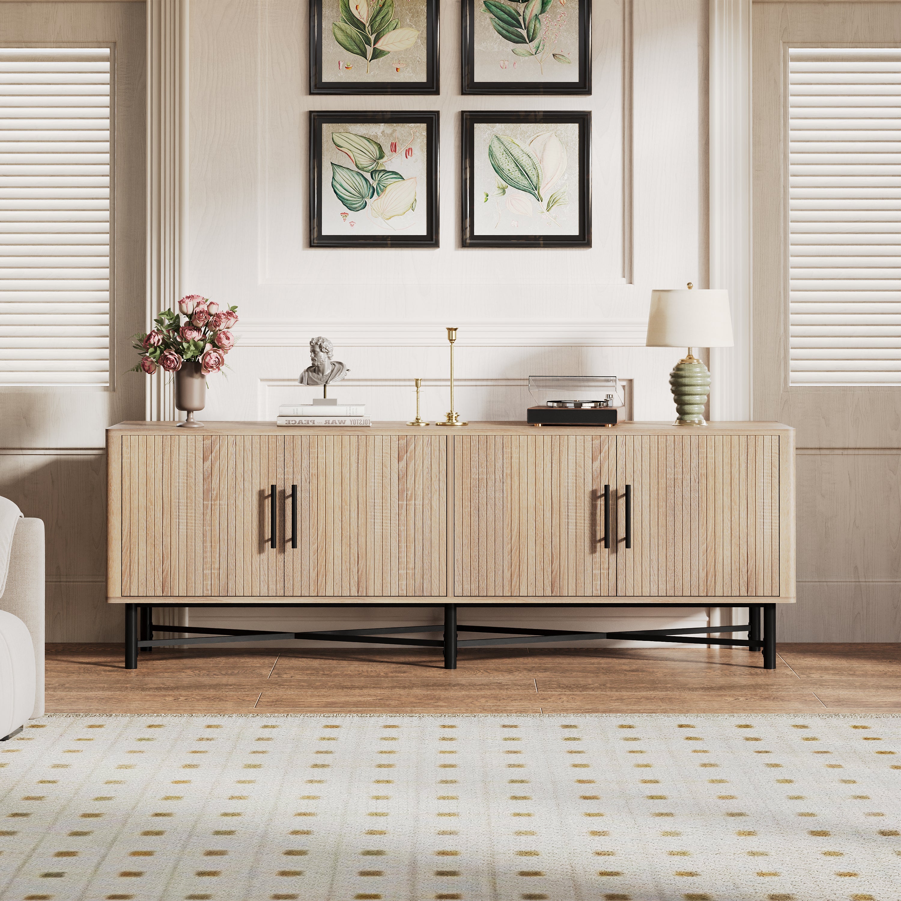 Functional 4-Door TV Cabinet – 2 Storage Spaces, Adjustable Shelves, Ideal for Living Room Organization, Natural