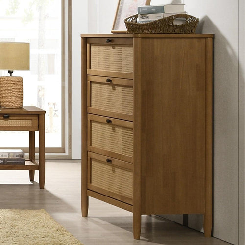 Elegant Natural Rattan Vichy Wood 4-Drawer Chest Dresser.