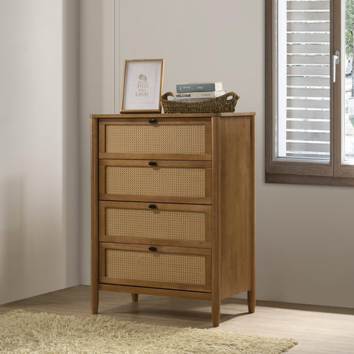 Elegant Natural Rattan Vichy Wood 4-Drawer Chest Dresser.