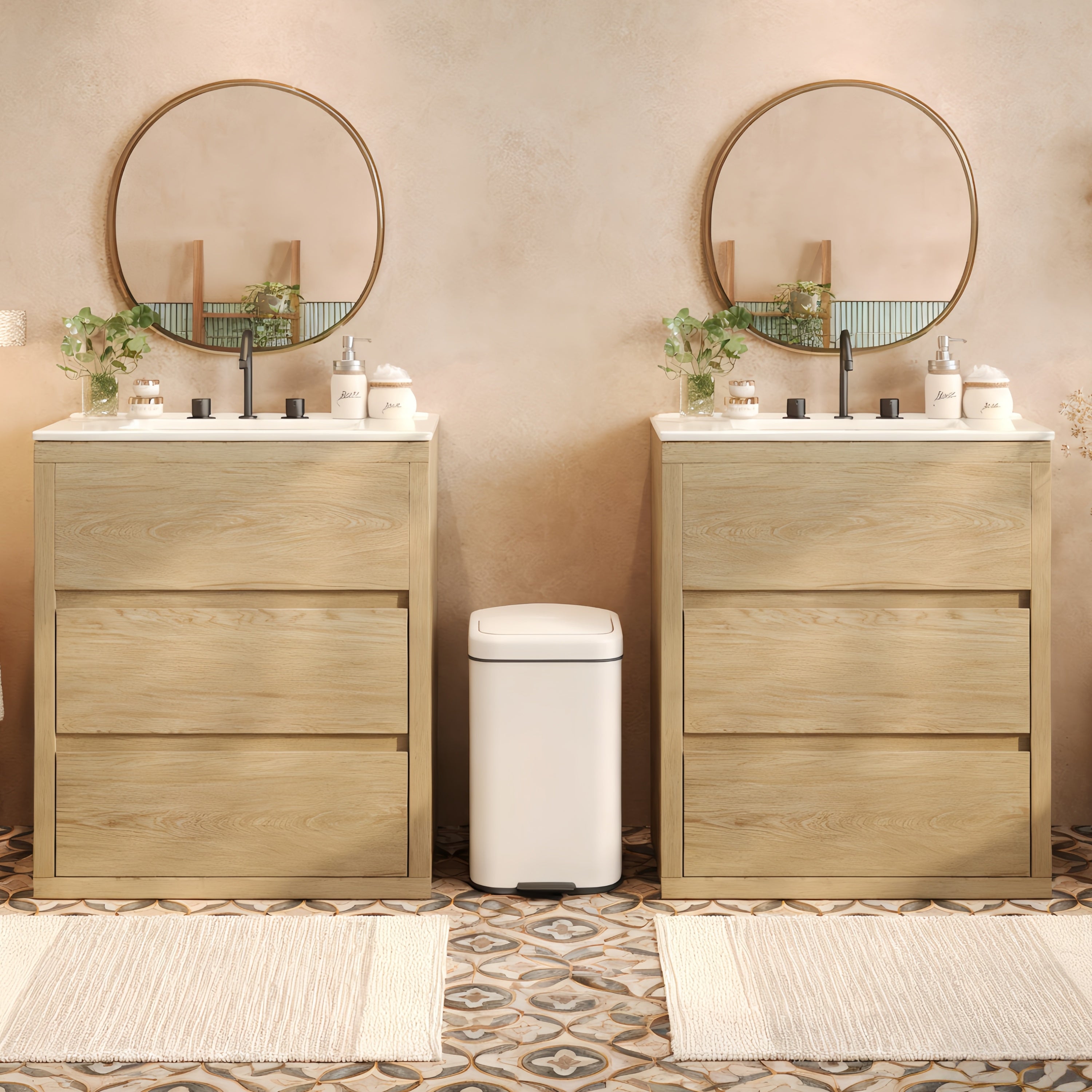 60' Double Sinks Bathroom Vanity Set, Bathroom Cabinet with Two Separate Ceramic Sinks, Full-Extension Drawers & Soft Close Undermount Drawer Slides, Natural Bathroom Vanity