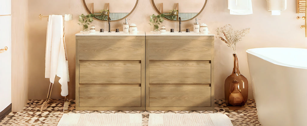 60' Double Sinks Bathroom Vanity Set, Bathroom Cabinet with Two Separate Ceramic Sinks, Full-Extension Drawers & Soft Close Undermount Drawer Slides, Natural Bathroom Vanity