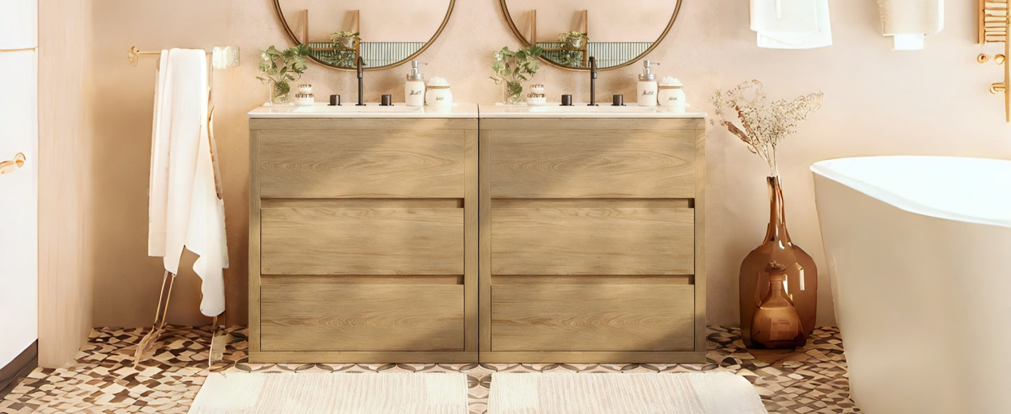 60' Double Sinks Bathroom Vanity Set, Bathroom Cabinet with Two Separate Ceramic Sinks, Full-Extension Drawers & Soft Close Undermount Drawer Slides, Natural Bathroom Vanity