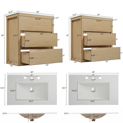 60' Double Sinks Bathroom Vanity Set, Bathroom Cabinet with Two Separate Ceramic Sinks, Full-Extension Drawers & Soft Close Undermount Drawer Slides, Natural Bathroom Vanity