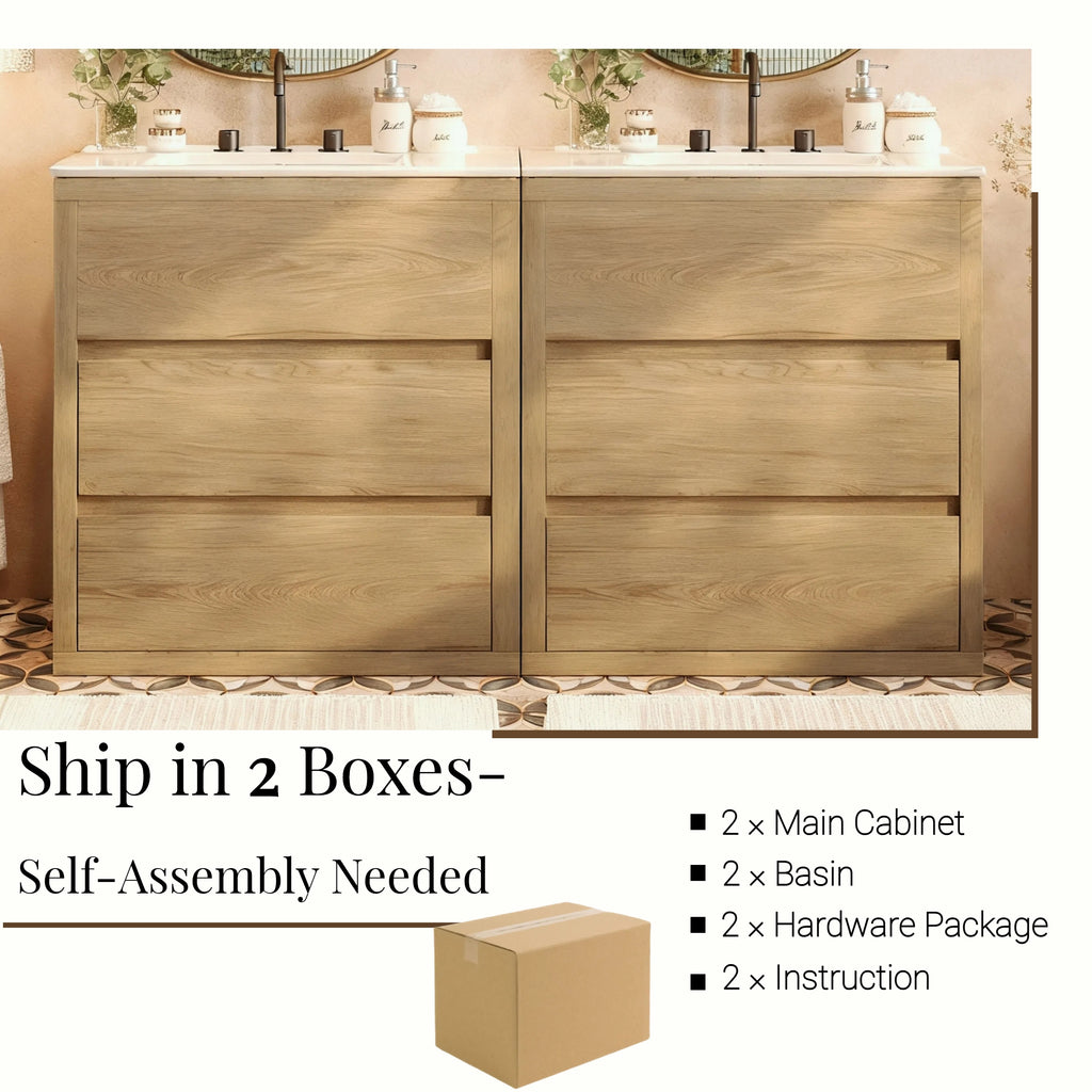 60' Double Sinks Bathroom Vanity Set, Bathroom Cabinet with Two Separate Ceramic Sinks, Full-Extension Drawers & Soft Close Undermount Drawer Slides, Natural Bathroom Vanity