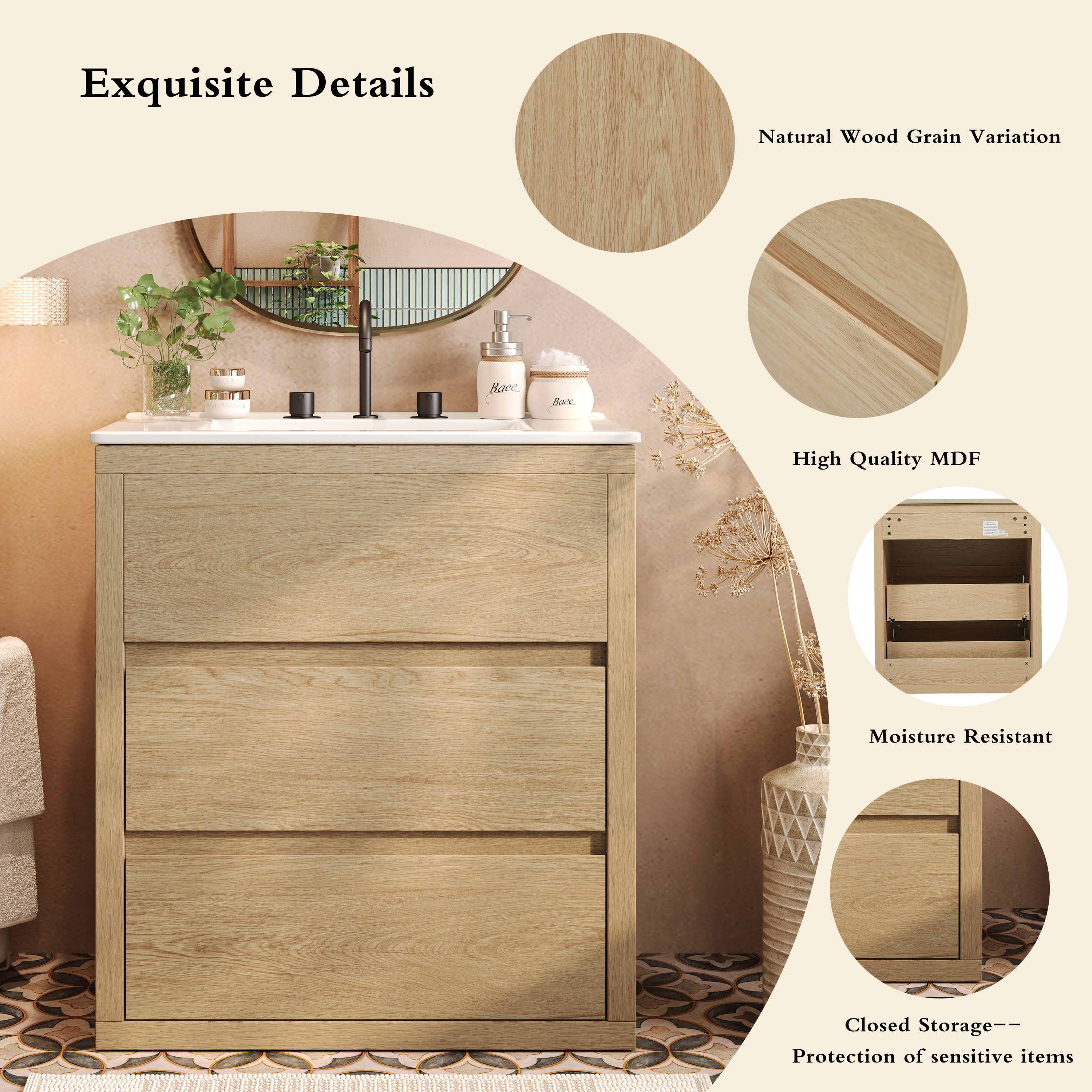 60' Double Sinks Bathroom Vanity Set, Bathroom Cabinet with Two Separate Ceramic Sinks, Full-Extension Drawers & Soft Close Undermount Drawer Slides, Natural Bathroom Vanity