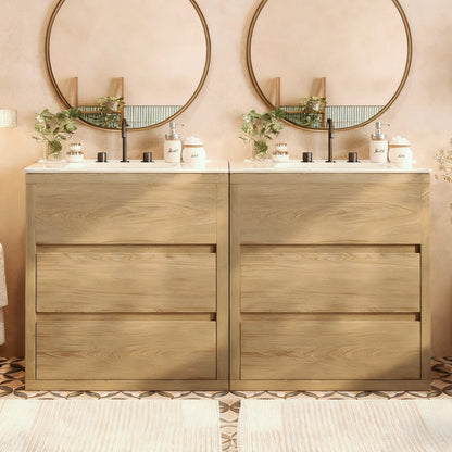 60' Double Sinks Bathroom Vanity Set, Bathroom Cabinet with Two Separate Ceramic Sinks, Full-Extension Drawers & Soft Close Undermount Drawer Slides, Natural Bathroom Vanity