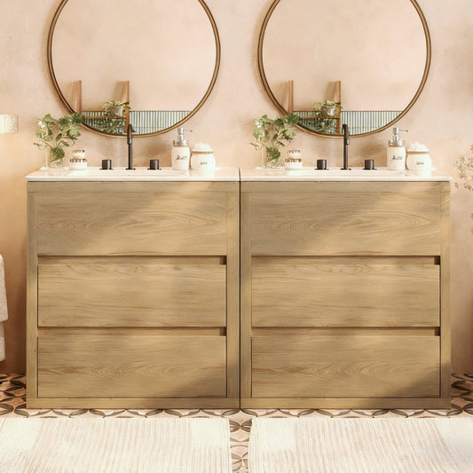 60' Double Sinks Bathroom Vanity Set, Bathroom Cabinet with Two Separate Ceramic Sinks, Full-Extension Drawers & Soft Close Undermount Drawer Slides, Natural Bathroom Vanity