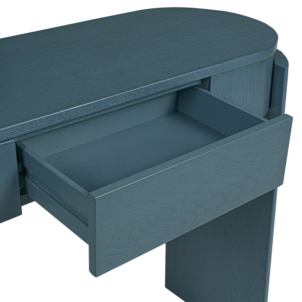TREXM Entryway Table with Natural Wood Grain Finish, Console Table with Fluted Design, Oval Top and 2 Drawers for Entryway and Living Room (Navy)
