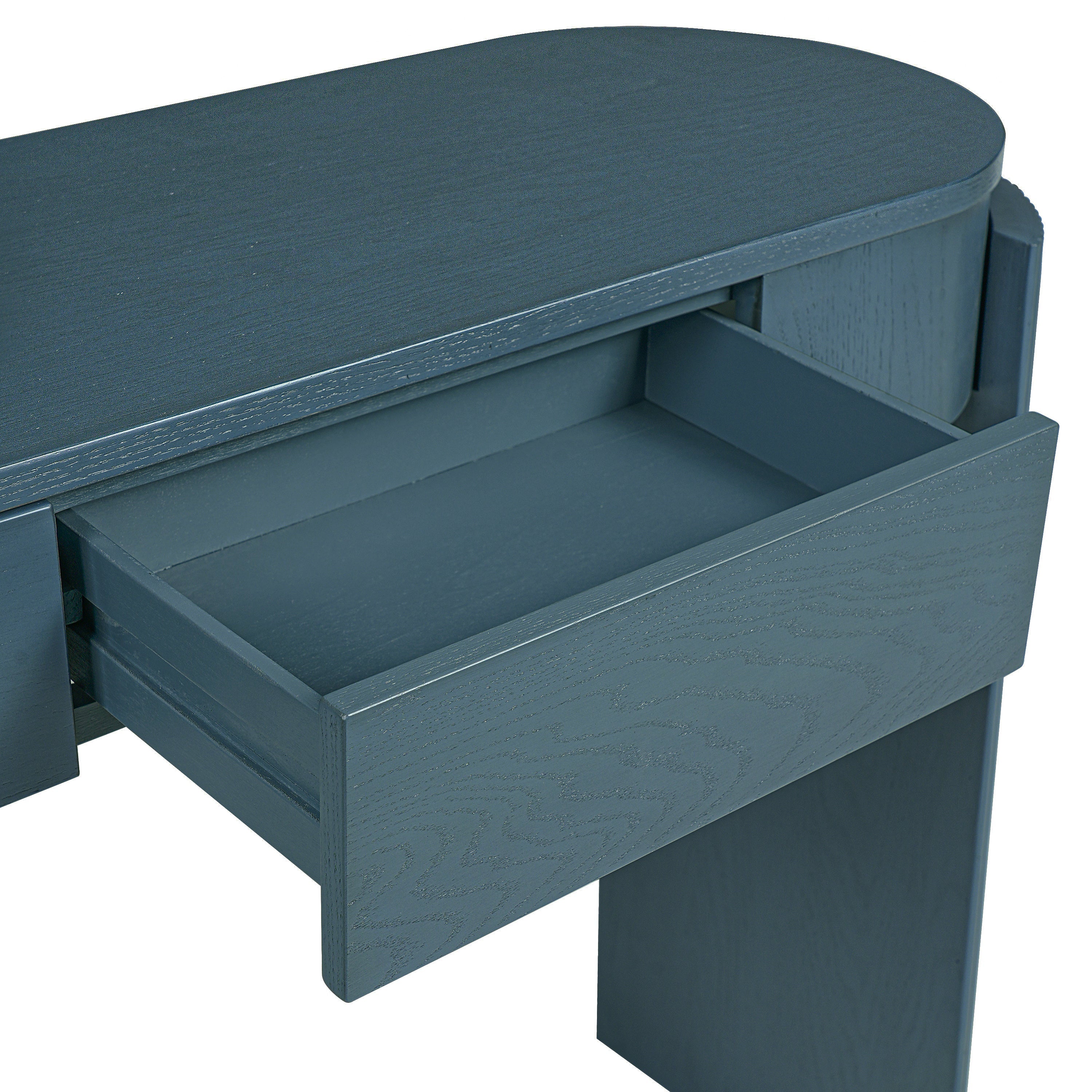 TREXM Entryway Table with Natural Wood Grain Finish, Console Table with Fluted Design, Oval Top and 2 Drawers for Entryway and Living Room (Navy)