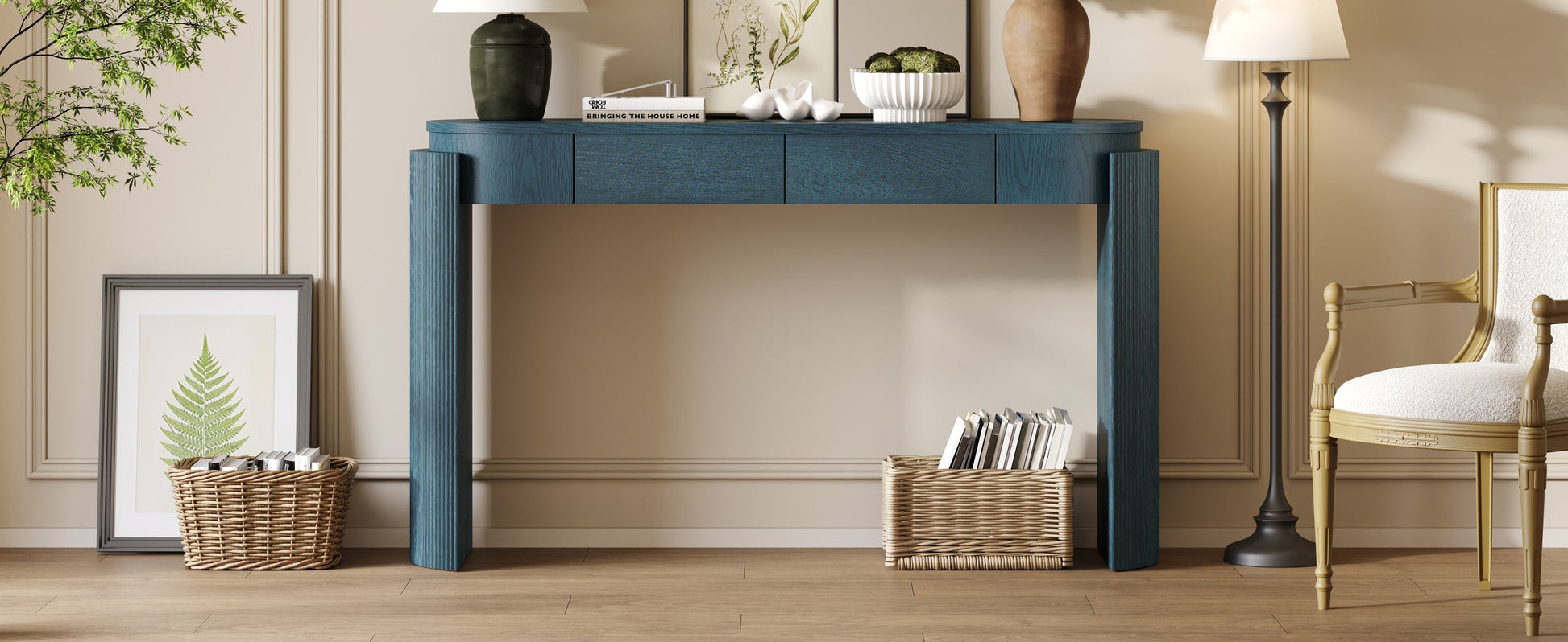 TREXM Entryway Table with Natural Wood Grain Finish, Console Table with Fluted Design, Oval Top and 2 Drawers for Entryway and Living Room (Navy)