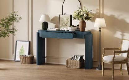 TREXM Entryway Table with Natural Wood Grain Finish, Console Table with Fluted Design, Oval Top and 2 Drawers for Entryway and Living Room (Navy)