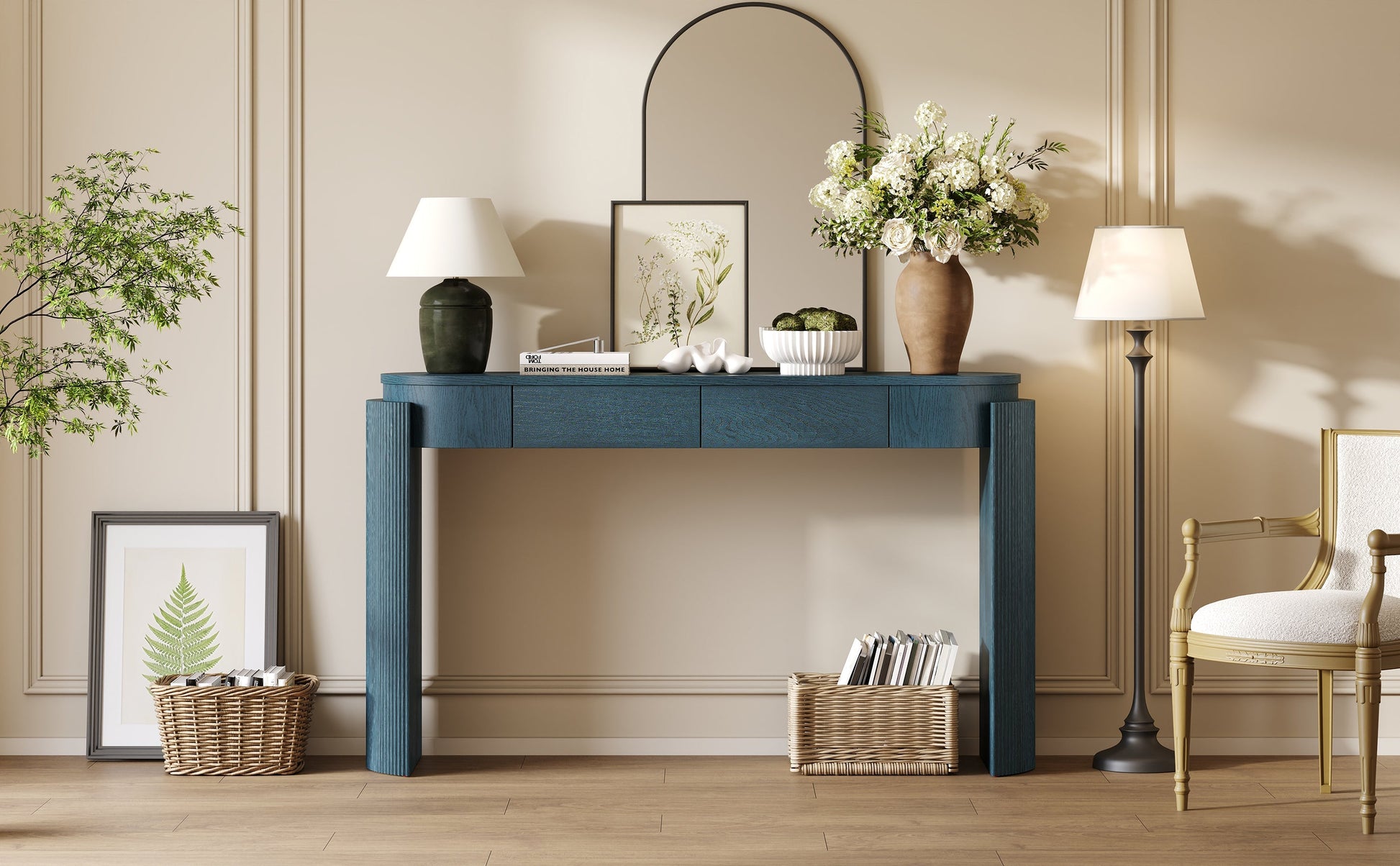 TREXM Entryway Table with Natural Wood Grain Finish, Console Table with Fluted Design, Oval Top and 2 Drawers for Entryway and Living Room (Navy)