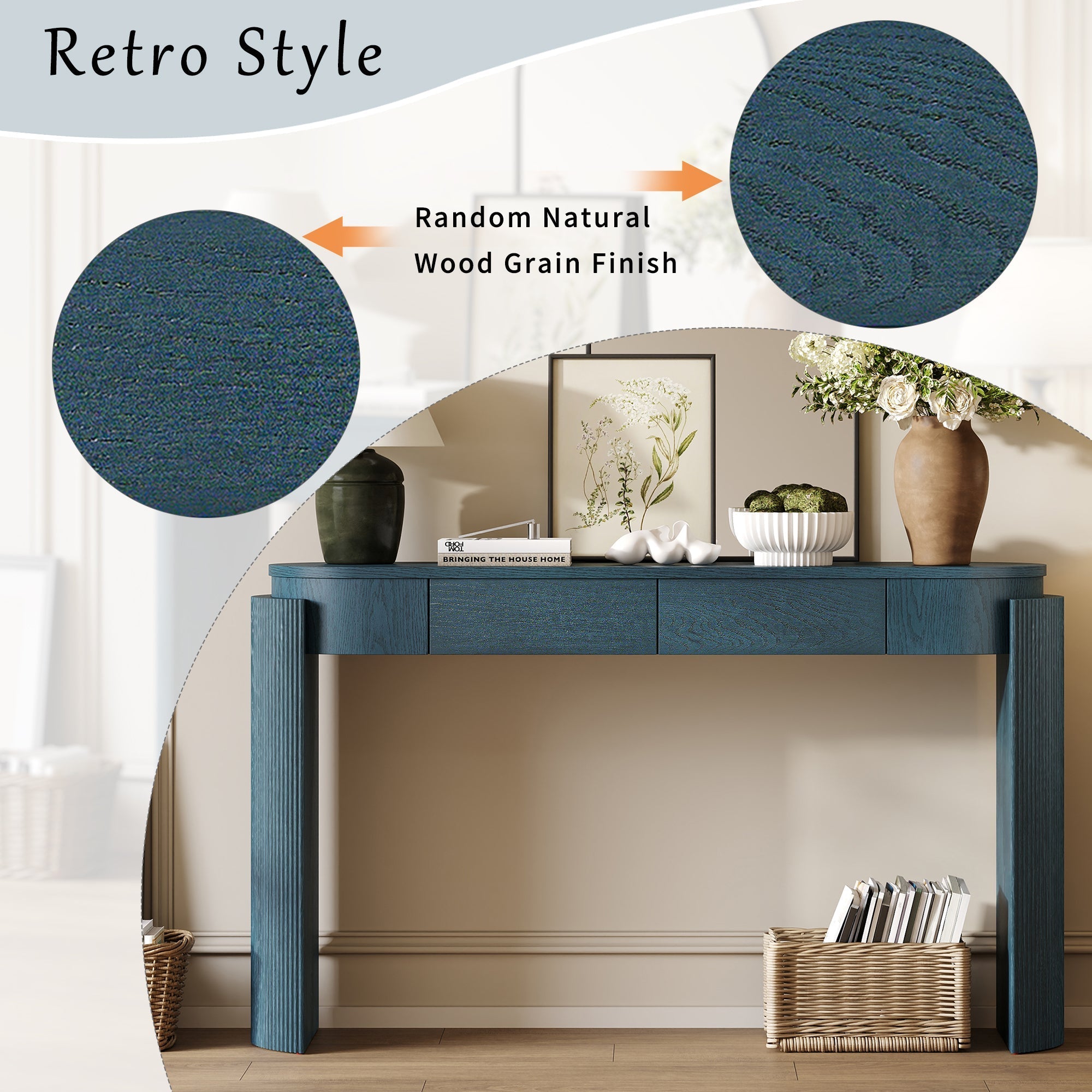 TREXM Entryway Table with Natural Wood Grain Finish, Console Table with Fluted Design, Oval Top and 2 Drawers for Entryway and Living Room (Navy)