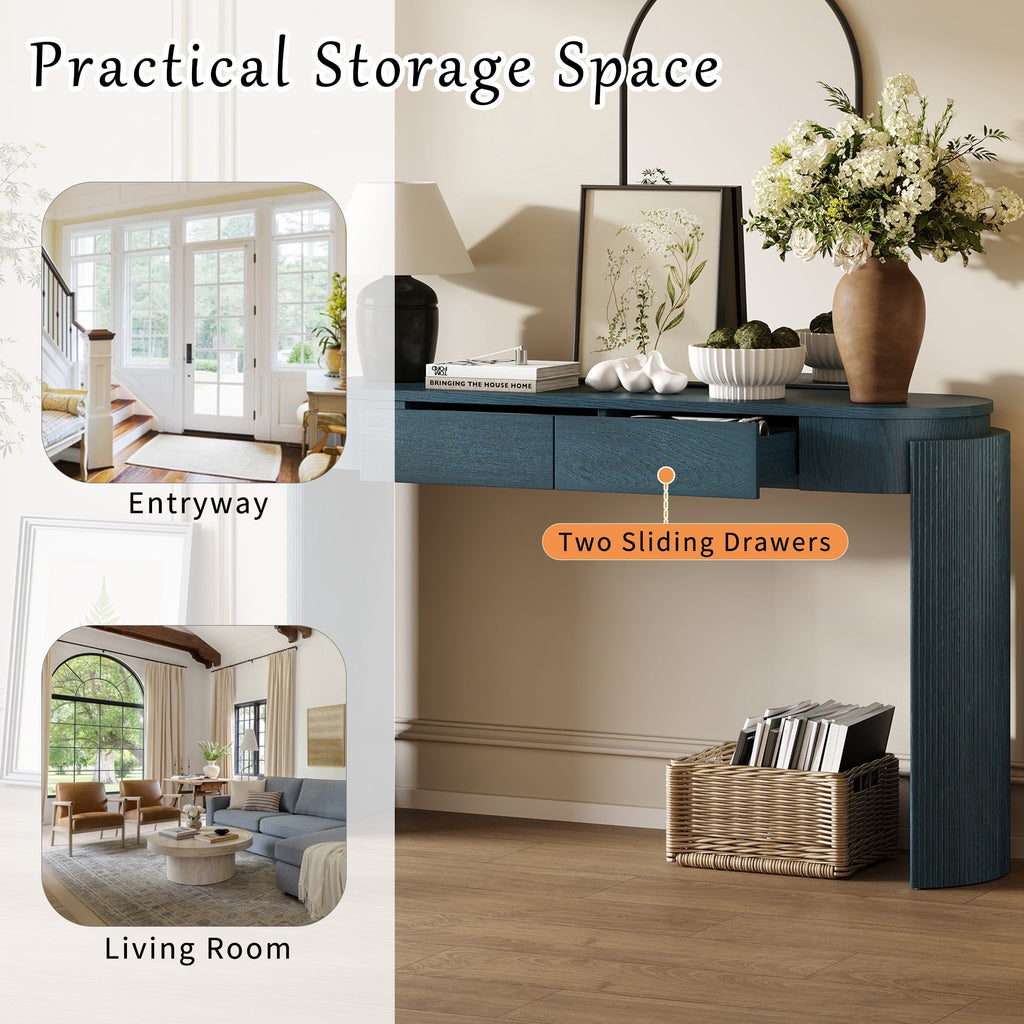 TREXM Entryway Table with Natural Wood Grain Finish, Console Table with Fluted Design, Oval Top and 2 Drawers for Entryway and Living Room (Navy)