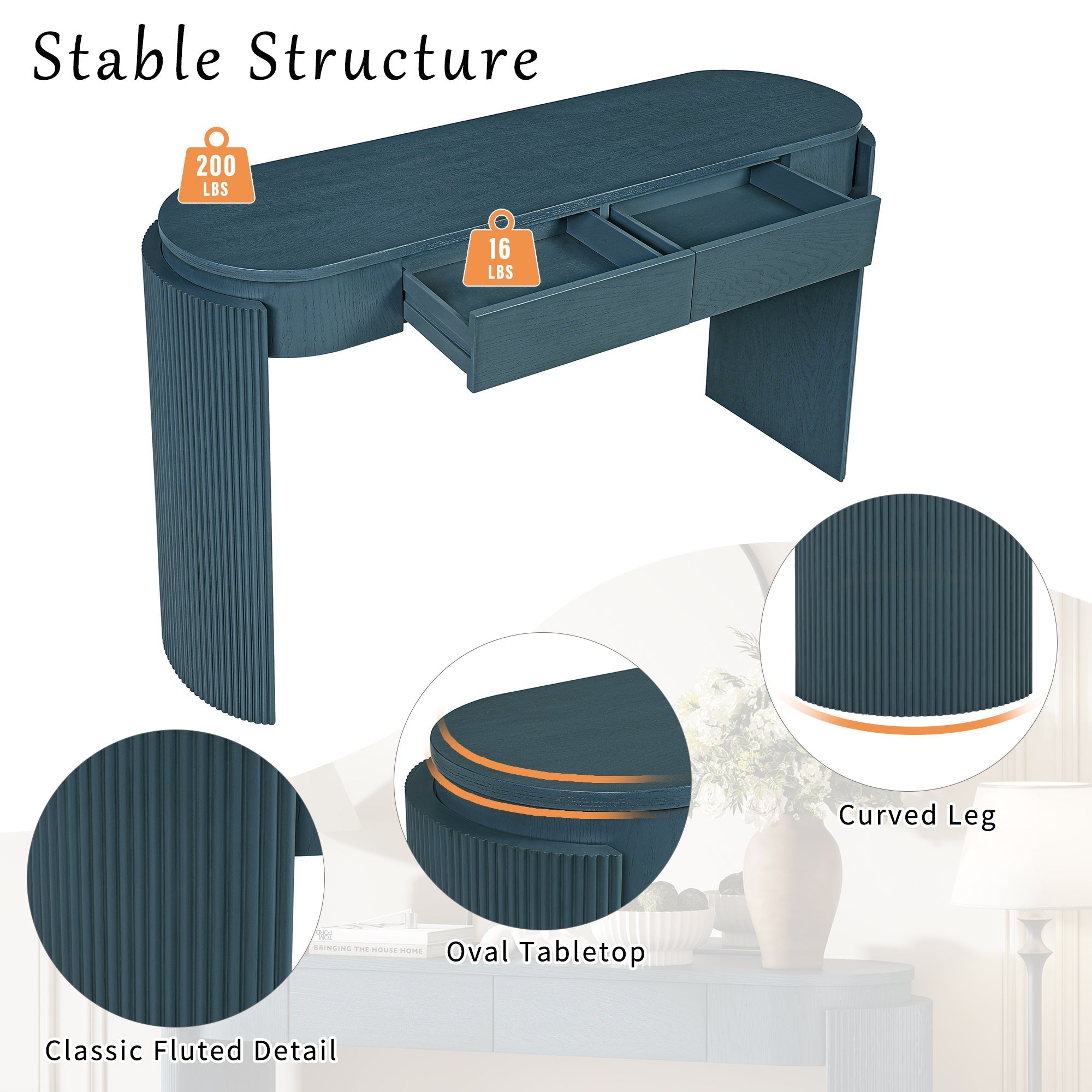 TREXM Entryway Table with Natural Wood Grain Finish, Console Table with Fluted Design, Oval Top and 2 Drawers for Entryway and Living Room (Navy)