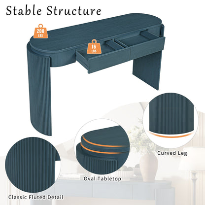 TREXM Entryway Table with Natural Wood Grain Finish, Console Table with Fluted Design, Oval Top and 2 Drawers for Entryway and Living Room (Navy)