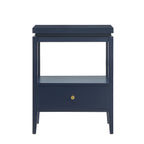 Olana Midnight Blue 1-Drawer Nightstand with Floating Top Design, Solid Wood and MDF Construction, Gold-Finished Hardware, Tapered Legs