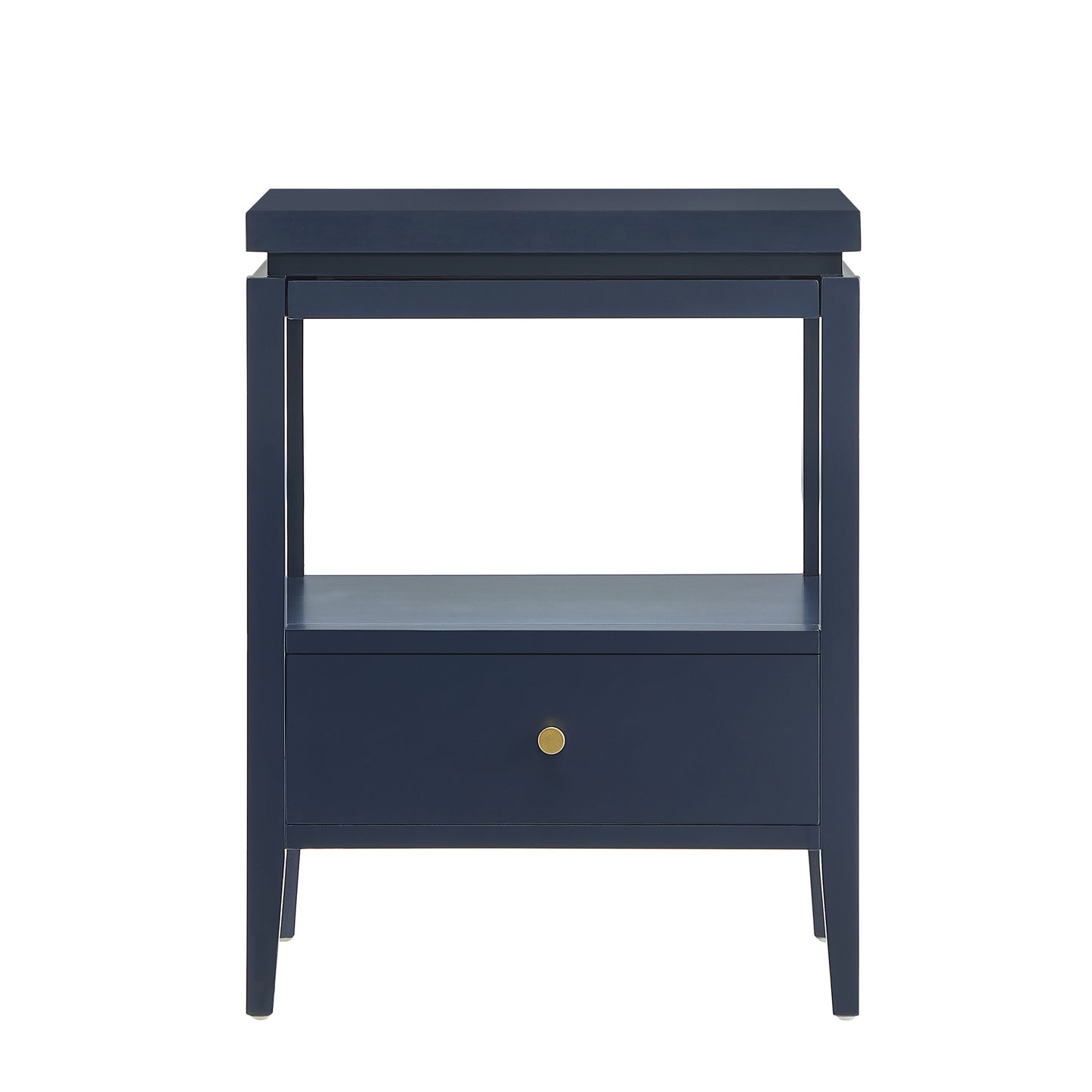 Olana Midnight Blue 1-Drawer Nightstand with Floating Top Design, Solid Wood and MDF Construction, Gold-Finished Hardware, Tapered Legs