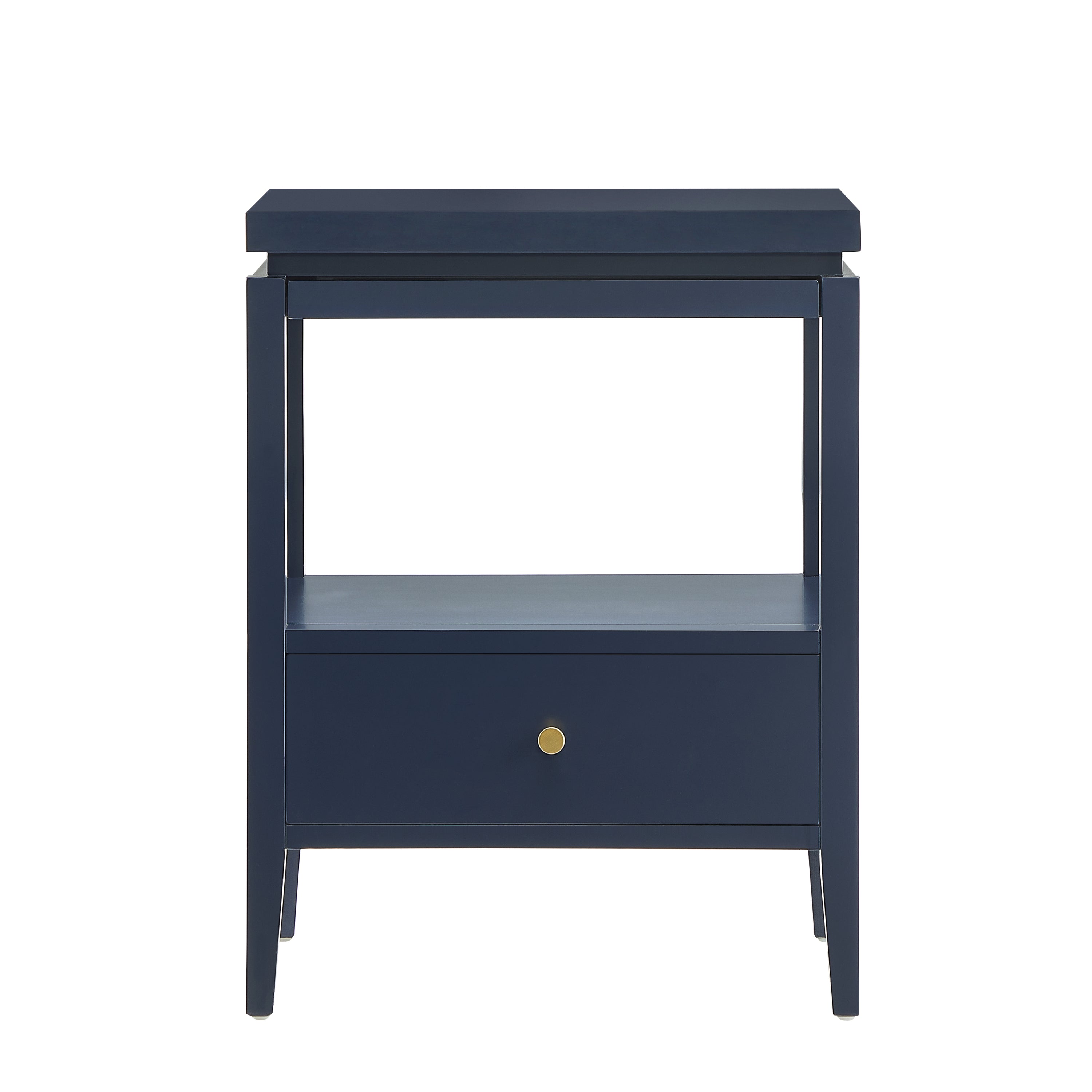 Olana Midnight Blue 1-Drawer Nightstand with Floating Top Design, Solid Wood and MDF Construction, Gold-Finished Hardware, Tapered Legs