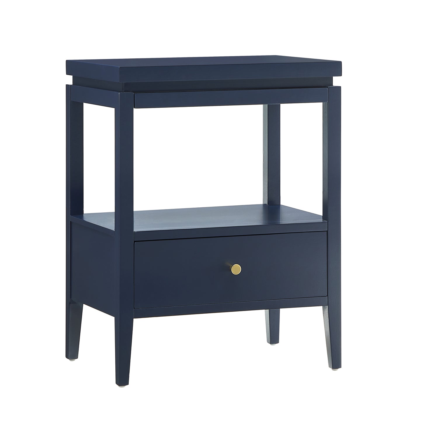 Olana Midnight Blue 1-Drawer Nightstand with Floating Top Design, Solid Wood and MDF Construction, Gold-Finished Hardware, Tapered Legs