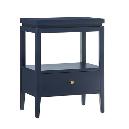 Olana Midnight Blue 1-Drawer Nightstand with Floating Top Design, Solid Wood and MDF Construction, Gold-Finished Hardware, Tapered Legs