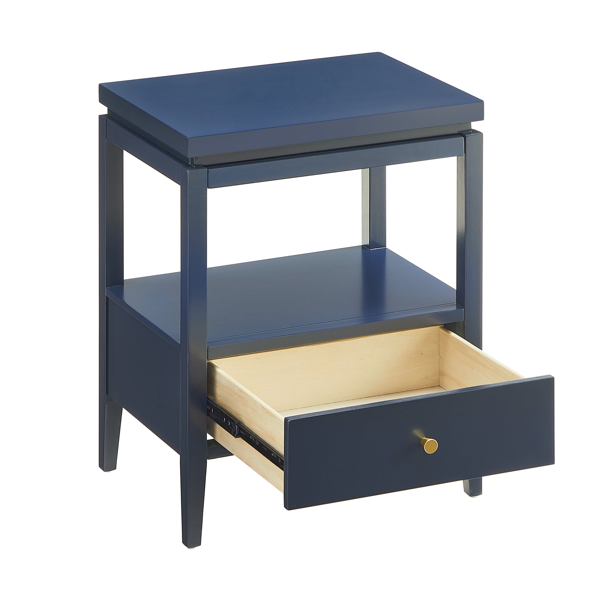 Olana Midnight Blue 1-Drawer Nightstand with Floating Top Design, Solid Wood and MDF Construction, Gold-Finished Hardware, Tapered Legs