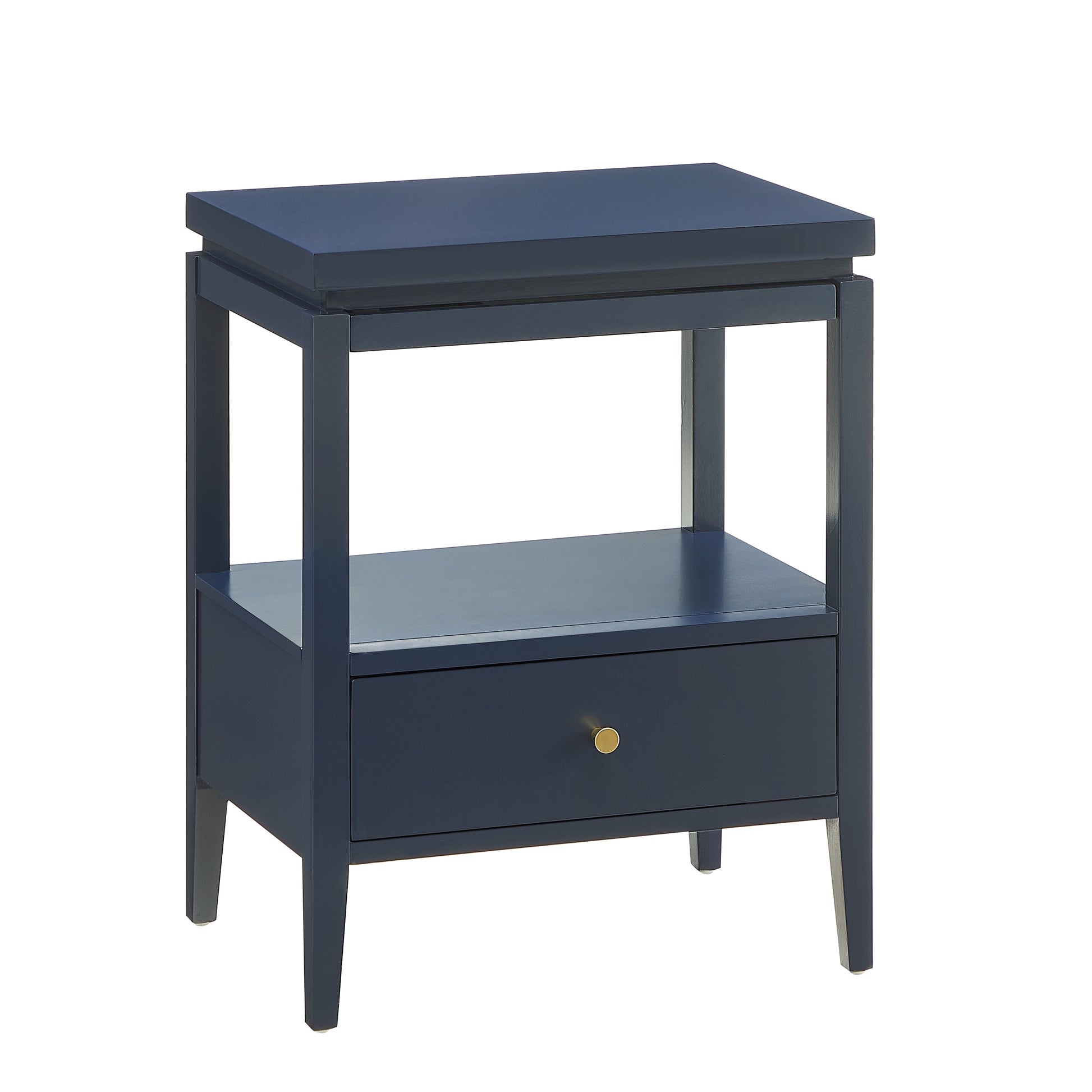 Olana Midnight Blue 1-Drawer Nightstand with Floating Top Design, Solid Wood and MDF Construction, Gold-Finished Hardware, Tapered Legs