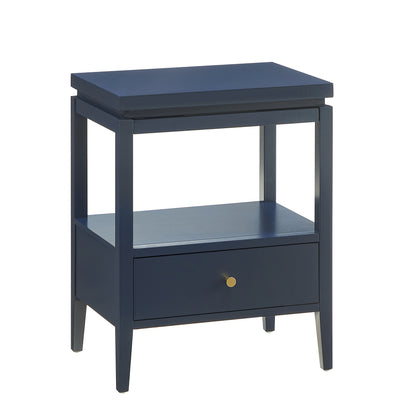 Olana Midnight Blue 1-Drawer Nightstand with Floating Top Design, Solid Wood and MDF Construction, Gold-Finished Hardware, Tapered Legs
