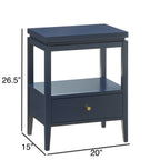 Olana Midnight Blue 1-Drawer Nightstand with Floating Top Design, Solid Wood and MDF Construction, Gold-Finished Hardware, Tapered Legs