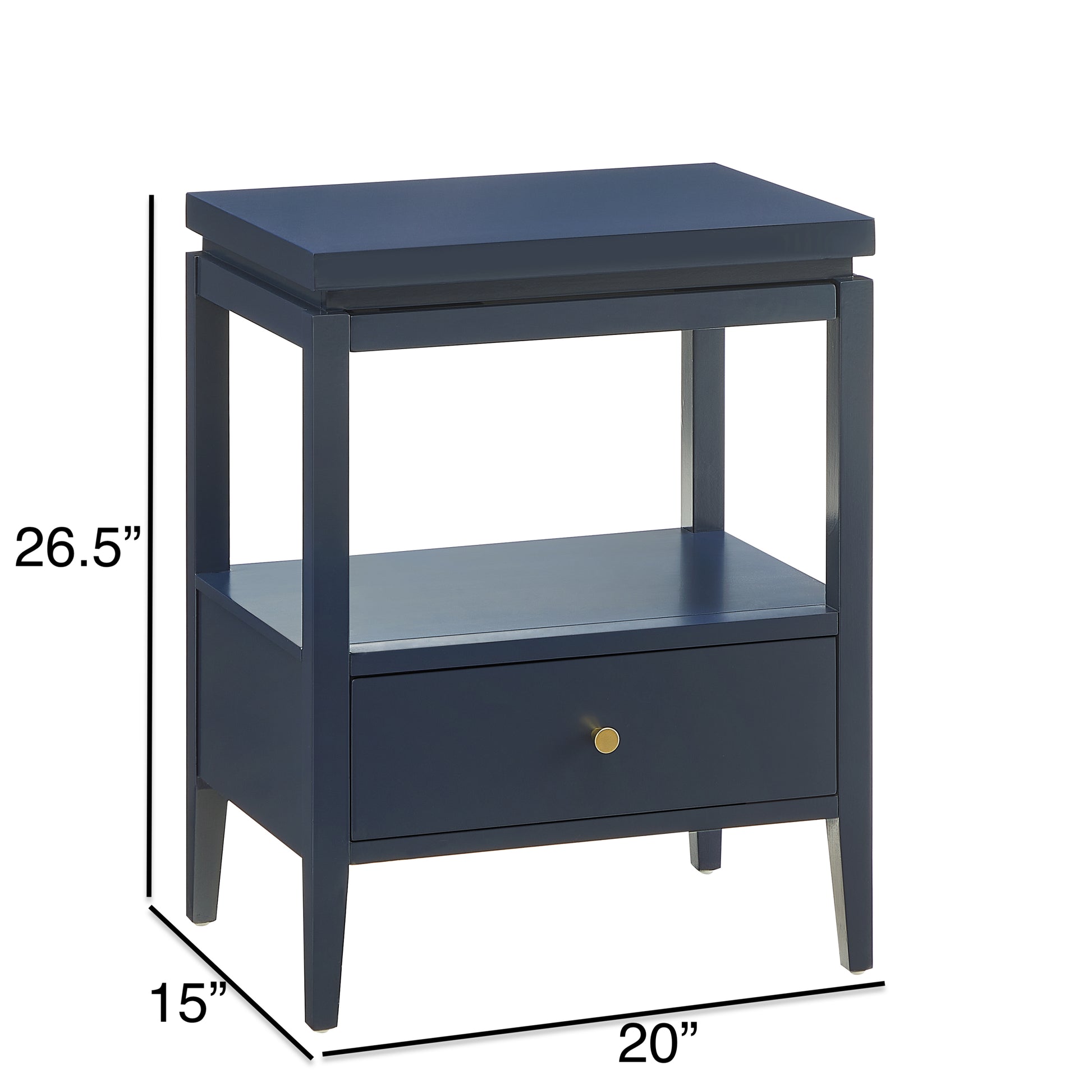 Olana Midnight Blue 1-Drawer Nightstand with Floating Top Design, Solid Wood and MDF Construction, Gold-Finished Hardware, Tapered Legs