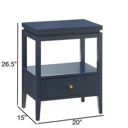 Olana Midnight Blue 1-Drawer Nightstand with Floating Top Design, Solid Wood and MDF Construction, Gold-Finished Hardware, Tapered Legs