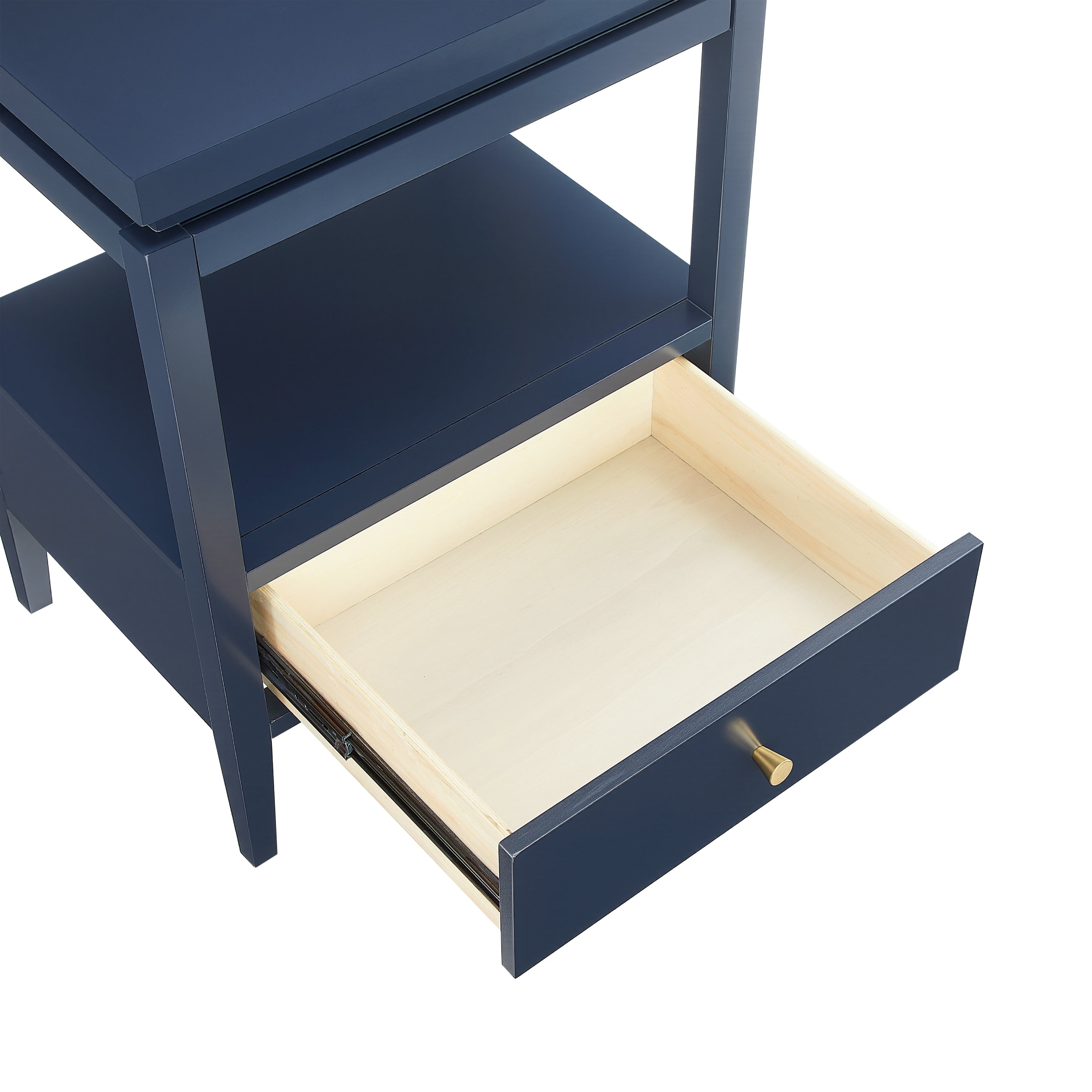 Olana Midnight Blue 1-Drawer Nightstand with Floating Top Design, Solid Wood and MDF Construction, Gold-Finished Hardware, Tapered Legs