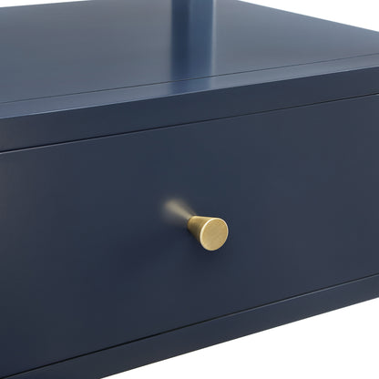 Olana Midnight Blue 1-Drawer Nightstand with Floating Top Design, Solid Wood and MDF Construction, Gold-Finished Hardware, Tapered Legs